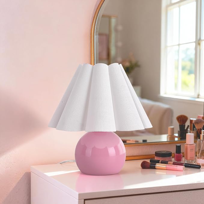 Pink Small Bedside Mini Table Lamp for Bedroom, Cute Bedroom Lamps for Nightstand, Cute Mini Table Lamps for Small Spaces with Scalloped Shade for Kitchen Counter, Bookshelf, Kids Dorm, Home Office