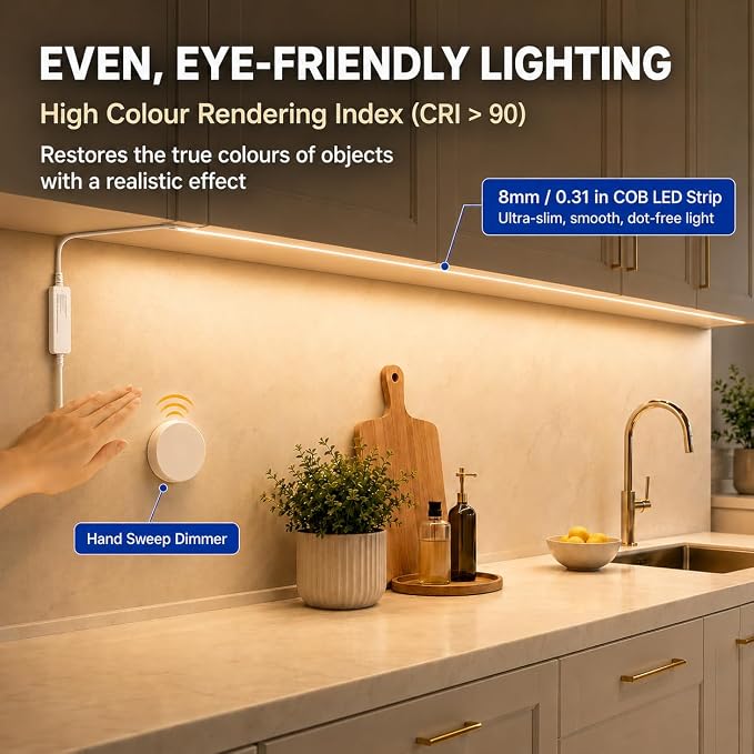 COB LED Strip Lights, 12V Cabinet Light 6Pcs 3.3FT, Warm Cuttable DIY LED Strip with Hide Touch and Hand Sweep Dimmer Switch Kit for Cabinet Showcase Kitchen Acoustic Panel Decoration Shelf Lighting