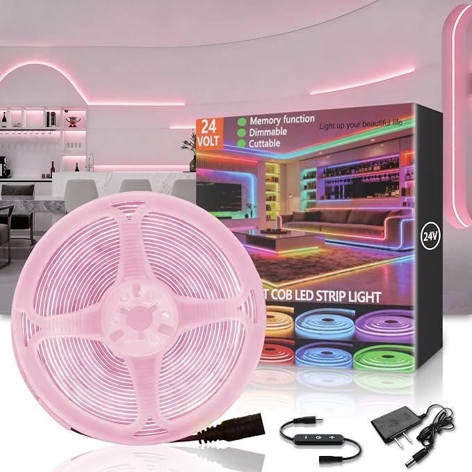 COB Pink 20Ft LED Strip Lights 24V Safe Voltage Dimmable Eye‑Caring Flexible Tape Lights for Princess Girls Bedroom Kids Room Nursery Under Cabinet Home Decor Easy Install High CRI95+
