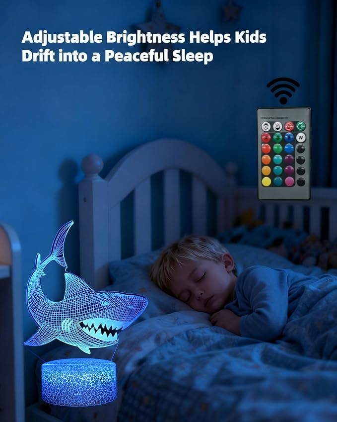 Shark 3D Illusion Night Light, 3 Patterns, Lamp for Boy Girl Kid | 16 Colors Changing, Dimmable, Touch & Remote Control, Room Bedroom Decor, Birthday Christmas Gift Toy Baby Toddler Teenage