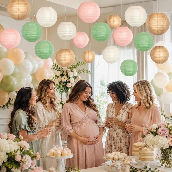 21-Pack Pink, Sage Green & Brown Paper Lanterns, Pastel Party Decor | Round Hanging Set for Woodland Birthdays, Baby Showers, Bridal Events, Boho Weddings, Classroom & Office Decor