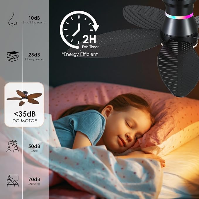 Tropical Palm Leaf RGB Ceiling Fans with Lights 46”, Black Flush Mount Ceiling Fan with Light and Remote, 3CCT Dimmable LED&&Side RGB Light, Reversible 6 Speeds, Quite Low Profile Ceiling Fan Party