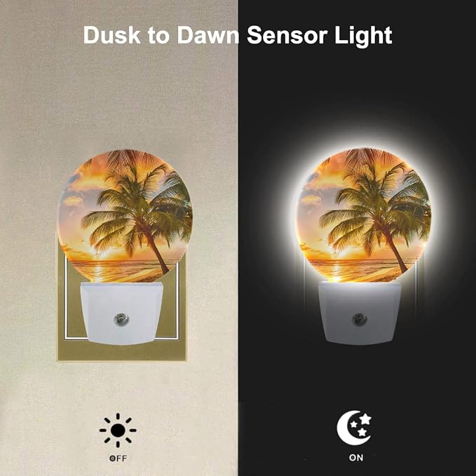 EKOBLA Sunset Beach Night Light, Summer Seaside and Palm Tree Night Lights Plug Into Wall with Auto Sensor for Home Decor