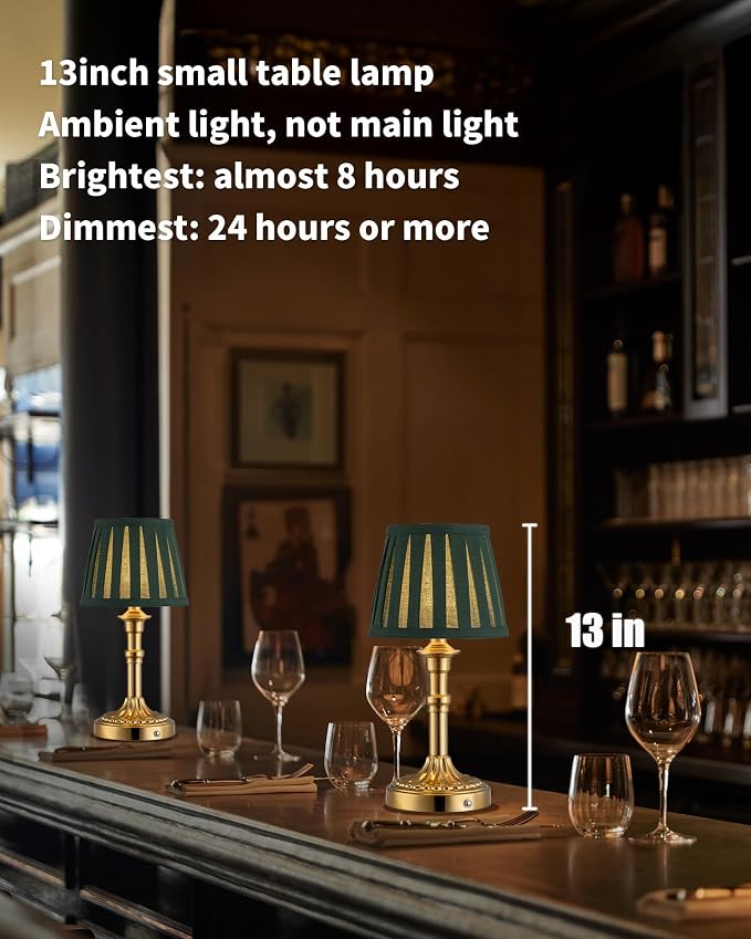KDG Gold Cordless Table Lamps Set of 2, Green Fabric Shade Small Desk Lamp | Portables 4000mAh Battery Powered, LED Lighting, 2700K Stepless Dimmable, Light for Living Room, Dining Room, Bedroom