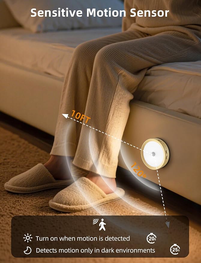 6 Pack Under Cabinet Lighting, LED Puck Lights with Remote, Rechargeable Motion Sensor Lights Indoor, Dimmable Stick On Lights 3 Color Temps & 12 RGB Under Counter Lights for Kitchen, Stairs Wood