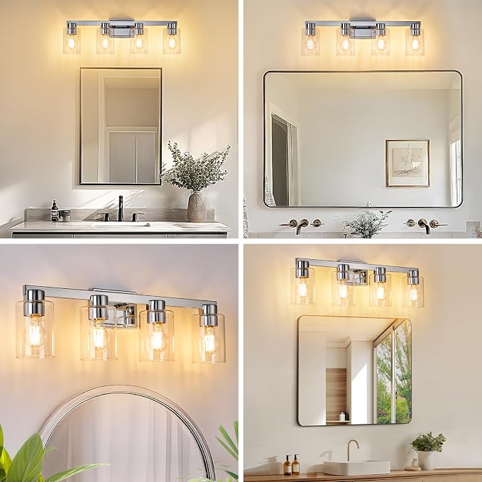 4-Light Bathroom Light Fixtures with Clear Glass, Chrome | Vanity Lights, Modern Wall Sconces, Over Mirror for Bathroom, Powder Room, Living Room