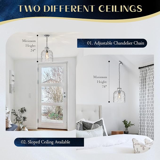 Chrome Pendant Light for Kitchen Island – 10" Modern Glass Dome Hanging Light Fixture, Single E26 Ceiling Pendant Lamp for Dining Room, Hallway, Bedroom