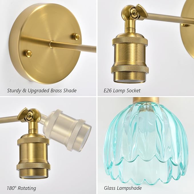 Vintage Battery Operated Wall Sconce, Sky Blue Tulip Glass Lampshade Wireless Rechargeable Battery Powered LED Wall Light with Remote Dimmable for Bedside Bedroom Doorway Living Room, Set of 2