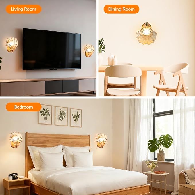 Vintage Battery Operated Wall Sconces with Remote, Amber Rechargeable Wireless Wall Sconces with Magnetic LED Bulbs, Indoor Shell Shaped Wall Lights for Living Room, Bedroom, Bedside, Doorway