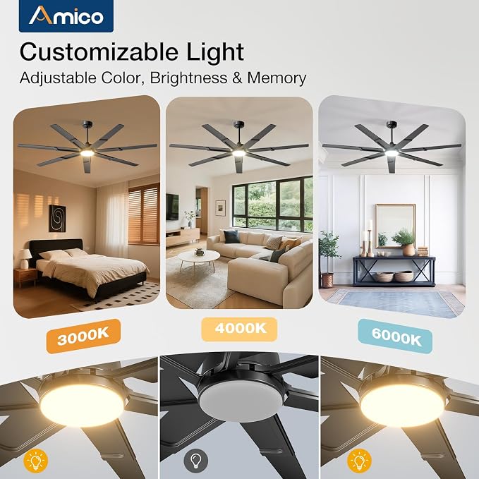 Amico 74 Inch Ceiling Fans with Lights and Remote, Black | 6 Speed Reversible DC Motor, 3CCT, Dimmable, Quiet, Timer, Large Modern Ceiling Fan for Living room, Indoor/Outdoor