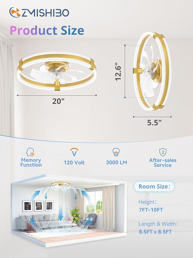 ZMISHIBO 20" RGB Low Profile Ceiling Fans with Lights and Remote, Gold | Custom RGB+3CCT Dimmable, 6 Speeds, Remote/App Control, Reversible DC Motor, Memory, Timer, Modern Fandelier for Kids/Bedroom