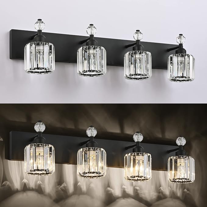 PRESDE Crystal 4- Light Vanity Light for Bathroom，Modern Matte Black Bathroom Lights Fixtures Over Mirror Wall Sconce