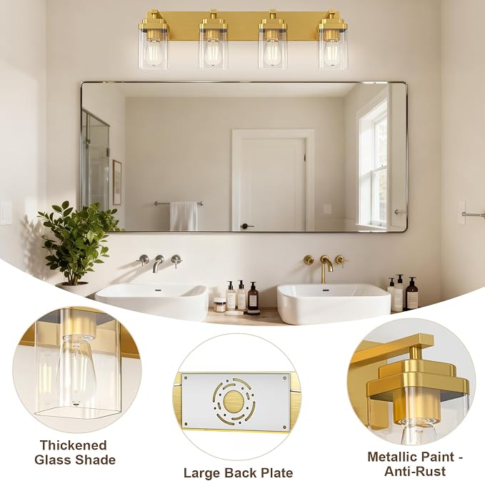 Brushed Gold Bathroom Light Fixtures, 4 Lights Bathroom Lighting Fixtures Over Mirror, Square Design & Rectangle Large Backplate, Modern Vanity Lighting Fixtures, for Living Room/Bedroom