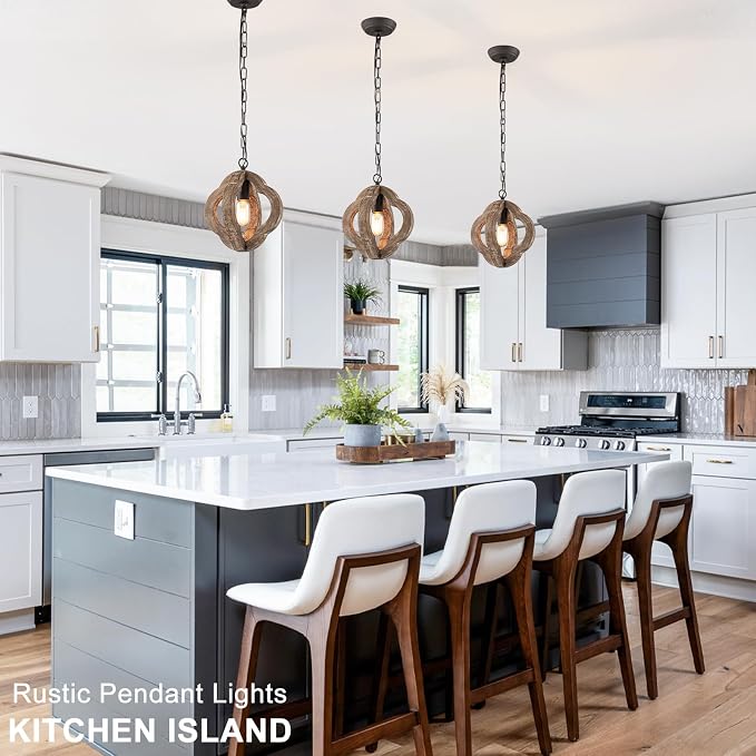 10" Small Farmhouse Wood Oak Pendant Light for Kitchen Island Over Sink | Distressed Oak, Rustic Country Style, Rust-Brown Finish, Orb Shape, E26 1-Light, Ajustable Height