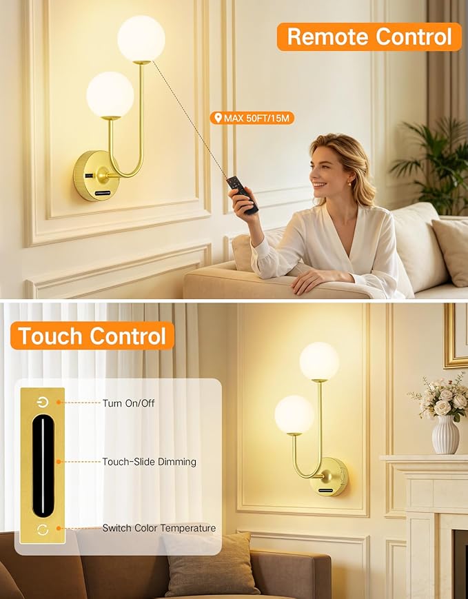 OUTON Gold Battery Operated Wall Sconce, 8000mAh Rechargeable Wireless Wall Light with Detachable Battery, Remote & Touch Control, 3 Color Dimmable Wall Mounted Light for Bedroom Living Room Bathroom
