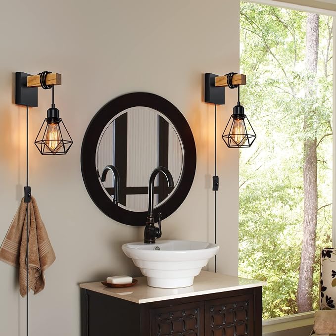 foucasal Plug in Wall Sconces Set of Two, Farmhouse Wall Light Plug in | 8.53FT On/Off Switch Cord, Indoor Rustic Wall Mounted Lamps Set of 2 for Bedroom, Living Room, Bathroom, Entryway, Porch
