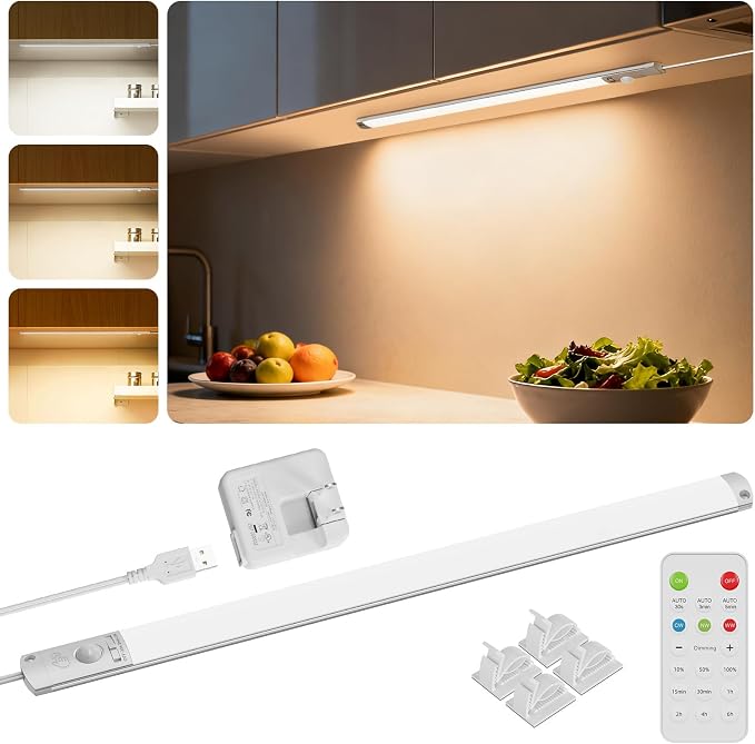 BLS 0.3" Ultra Thin Motion Sensor Under Cabinet Lights Plug in, 400LM 3 Color Dimmable LED Light Bar with Remote, USB Wired Under Counter Lighting for Kitchen Desk Shelf Workbench (No Battery), 17inch