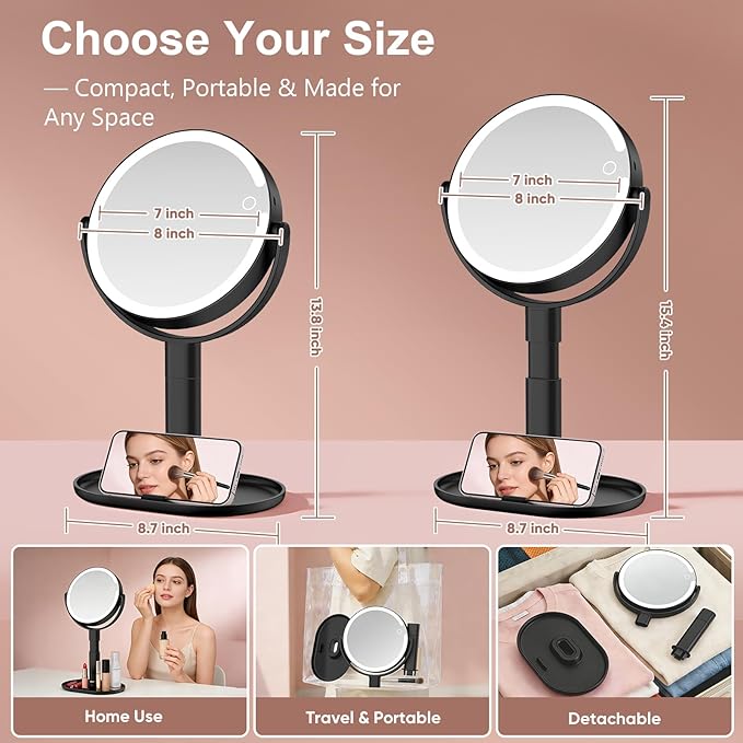 Lighted Makeup Mirror with 10X Magnification, Rechargeable LED Magnifying Vanity Mirror with 3 Lights, Adjustable Height, Storage Base and Phone Holder, Black, 7 inch