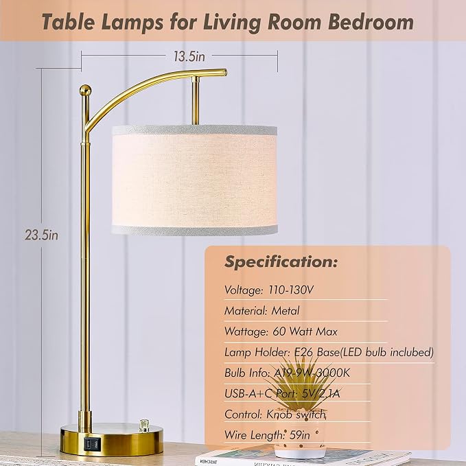 Table Lamp for Living Room Bedroom, 23.5" Table Lamp with USB C+A Ports, Bedside Lamp for Nightstand with Linen Lamp Shade, Dimmable LED Bulb Included, Gold