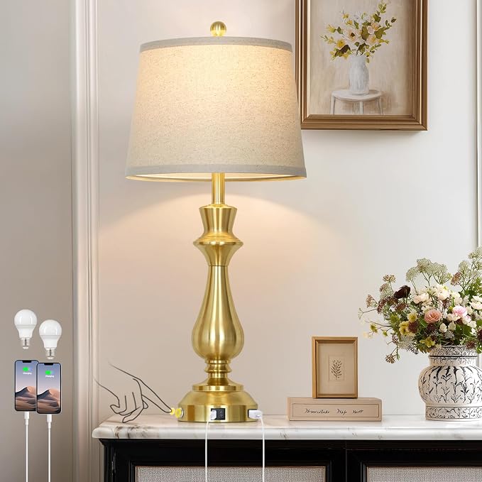 Modern Gold Table Lamp for Living Room,30" Tall Bedside Lamp with USB Charging Port,3-Way Dimmable Touch Nightstand Lamp for Bedroom Desk Side Table Office,Gold-1P