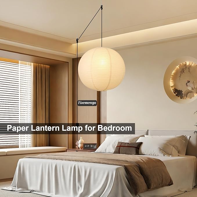 23.6in Paper Lanterns Plug in Hanging Lamp Off-White 19.7FT Cord | Rice Paper Lamp Lantern Pendant Light Large Globe Japanese Japandi Wabi Sabi Chandelier for Dining Living Room Bedroom 1 Pack