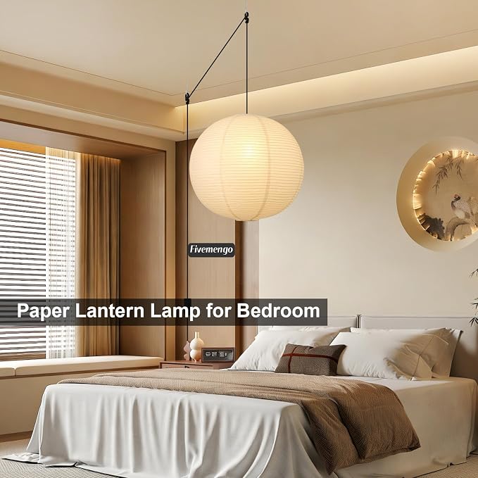 23.6in Paper Lanterns Plug in Hanging Lamp Off-White 19.7FT Cord | Rice Paper Lamp Lantern Pendant Light Large Globe Japanese Japandi Wabi Sabi Chandelier for Dining Living Room Bedroom 2 Pack