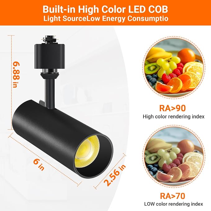20W LED H Track Lighting Heads, 3-Color, Black, Pack of 8 | Dimmable, 3000K 4000K 6000K Adjustable, CRI90+ 1900lm 24° Beam H Track Lighting Fixtures Ceiling for Kitchen, Living Room