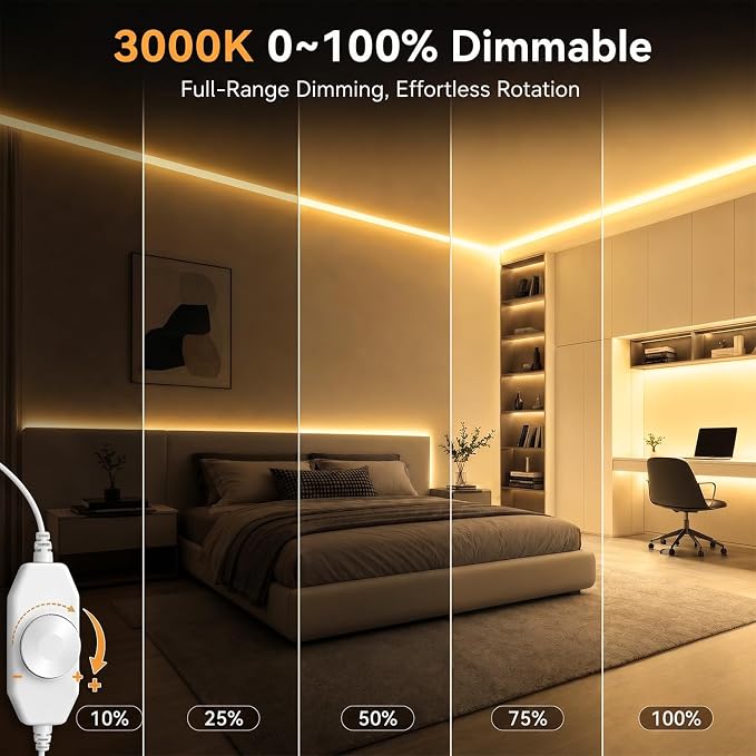 GUPUP 16.4ft COB Turnable Rope Light, Warm White LED Strip Light, 3000K 24v | 1600 LEDs Density Lighting Strip with Dimmable Switch, 3M Adhesive, CRI≥90 for Cabinet, Kitchen, Mirror, Home Decoration