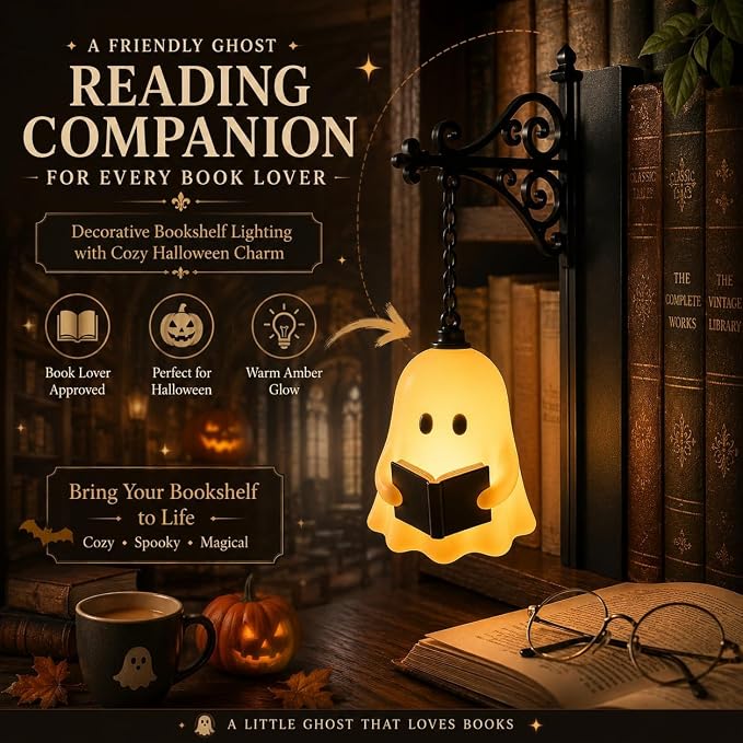 Library Lantern Bookshelf Lamp, Ghost Bookshelf Lantern with Warm LED Nightlight, Mini Nook Light for Bookshelf, Decorative Table Desk Luminaire, Halloween Bookshelf Decor for Book Lovers