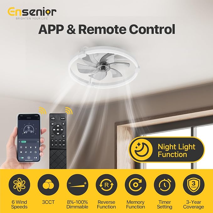 Ensenior 20 Inch Flush Mount Ceiling Fans with Lights, APP Control, White | Quiet Reversible Motor, Night Light Mode, 6 Speeds, 3CCT, Dimmable, Low Profile, Remote, Memory Function, Timer, Bedroom
