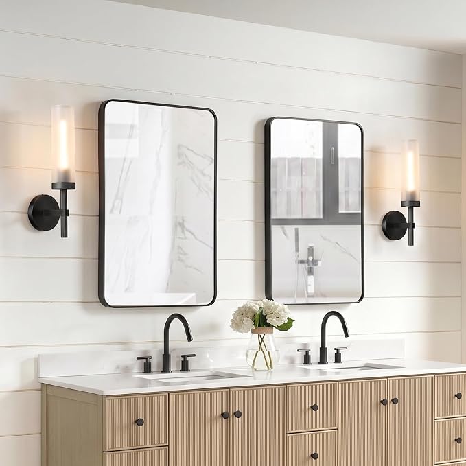 Bblack Knurled Wall Sconce 15", Bathroom Wall Sconce Set of Two,Glass Tube Brass Sconces Wall Lighting,Bathroom Sconces Side of Mirror,Vanity Sconce Lights for Bath