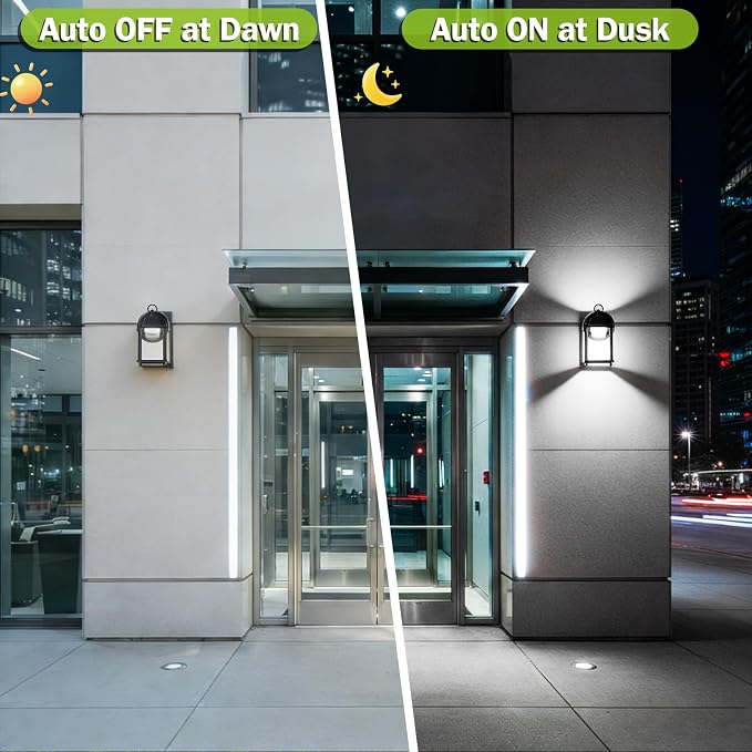 Outdoor Wall Light Fixture Dusk to Dawn, Rustproof Aluminum, LED | Exterior Porch Light Wall Sconce Lantern for House, Patio, Garage, Waterproof, Glass, 9.5W 800 Lumen, 5000K, Black, 2 Pack