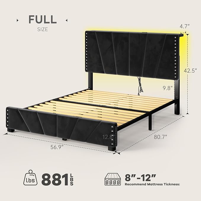 EnHomee Full Bed Frame with Adjustable Headboard,Charger & LED Lights,Black | Adjustable Velvet Headboard，Under-Bed Storage，Heavy Duty Support with 12 Slats，No Box Spring Needed，Easy Assembly for Bedroom