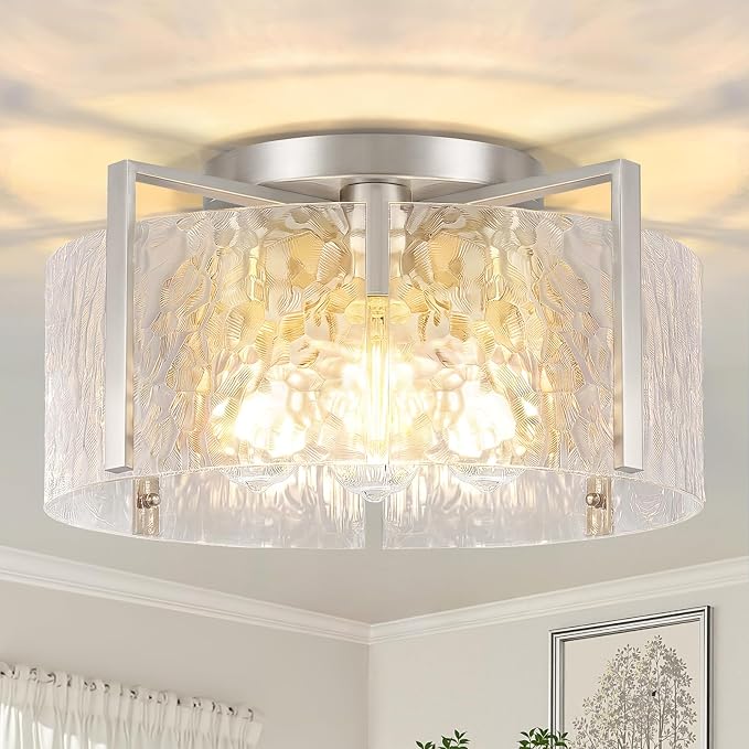 16" Semi-Flush Mount Ceiling Light, 4-Light Hammered Glass Drum Fixture | OYKYOHEI Indoor Lighting for Bedroom Hallway Entryway Kitchen Foyer Living Room Laundry Decor, Black Modern Dimmable E26