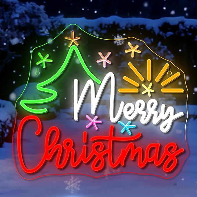 Merry Christmas Tree Neon Sign Dimmable With Christmas Tree and Sun Star Neon Signs Vibrant LED Neon Glowing Sign for Wall Decor Window Man Cave Bedroom Wedding Bar Party Gift New Year