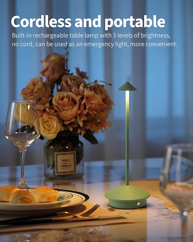 Modern Cordless Table Lamp Set of 2, Portable LED Desk Lamps, 4000mAh Rechargeable Battery Operated Lighting for Bedroom Dining Room Restaurant Coffee Shop Camping Night Light (Green)