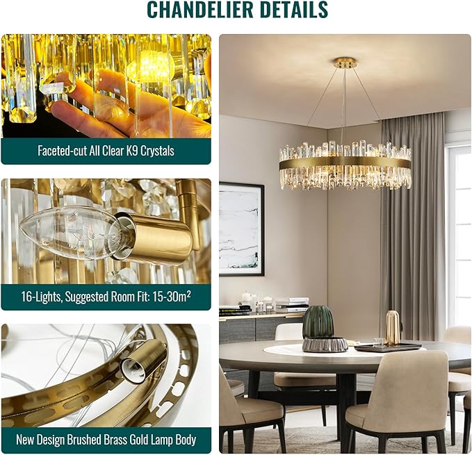 Siljoy 16-Light Modern Crystal Chandelier, 31.5'' Luxury Dimmable Brass Gold K9 Crystal Raindrop Chandelier Adjustable Hanging Crystal Ceiling Light for Dining Living Room Kitchen Island Entry Foyer