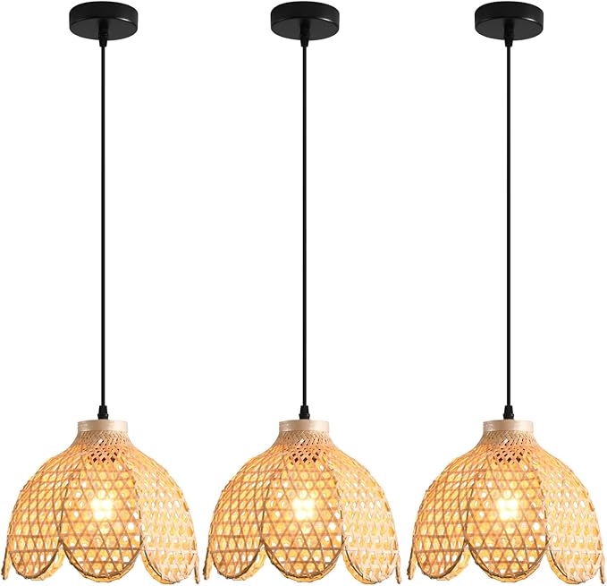 3-Pack Bamboo Pendant Light Mini Rattan Chandelier | 10.6" Boho Bamboo Rattan Pendant Lights,Hand Woven Rattan Chandelier for Kitchen Island Dining Bedroom Living Room