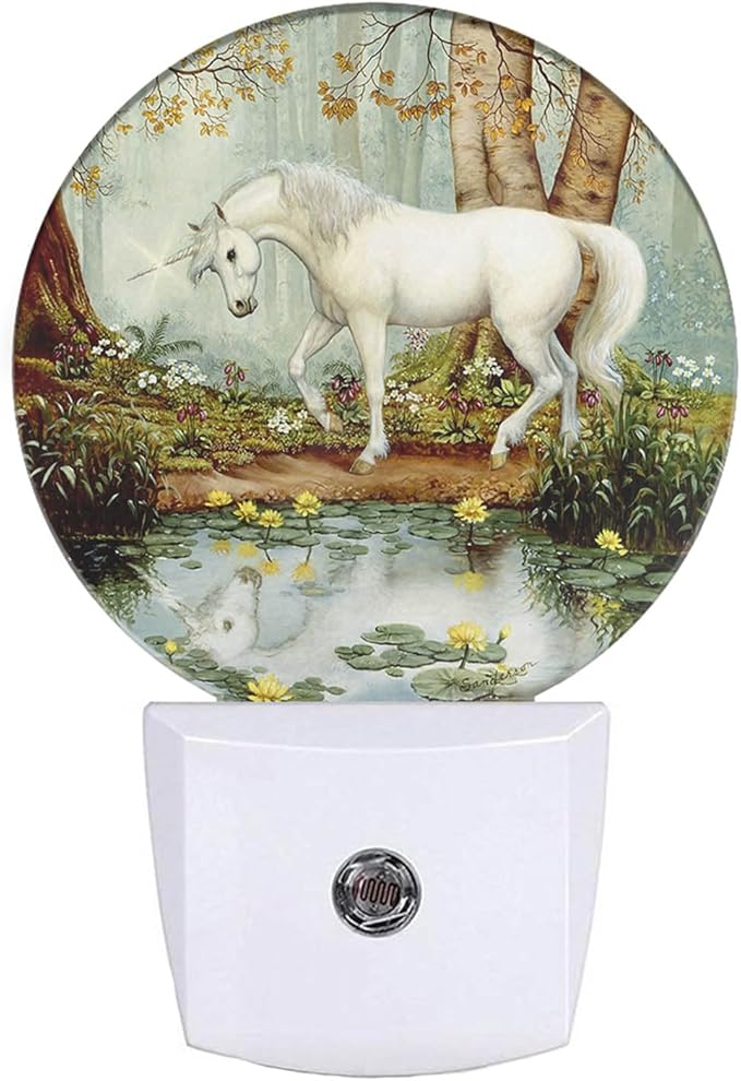 EKOBLA Night Lights Plug into Wall White Unicorn in The Woods Night Light, Unicorn Toys for Girls Boys, Dusk to Dawn Sensor Nightlight Plug-in Nightlights Home Wall Decor Round Lamp