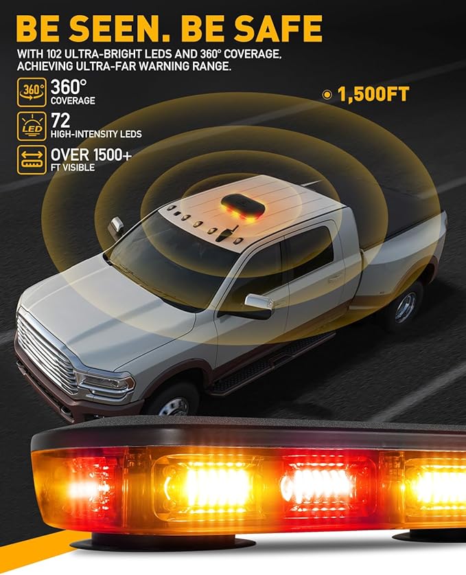 HLauto 700A Rooftop Emergency Strobe Lights Bar, 72 LED Amber Red Mini Beacon Safety Flashing Warning Traffic Lights Bar w/Magnetic Base for 12-24V Trucks, Construction Vehicles, Snowplow, Cars