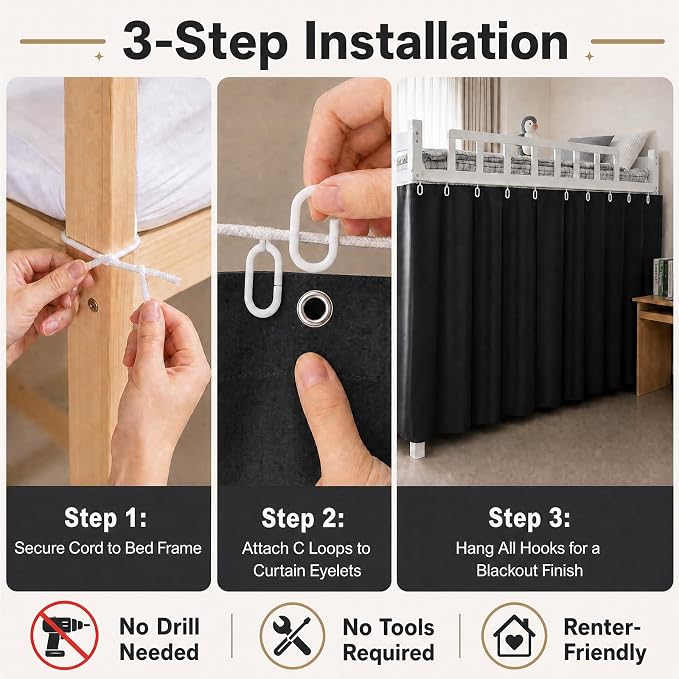 Dorm Blackout Privacy Bottom Bunk Bed Curtains - 2 Panels 78.7"x45.3", No Drill Installation for Twin Loft Beds, Light Blocking Under Bed Canopy with Hanging Hooks & Ropes