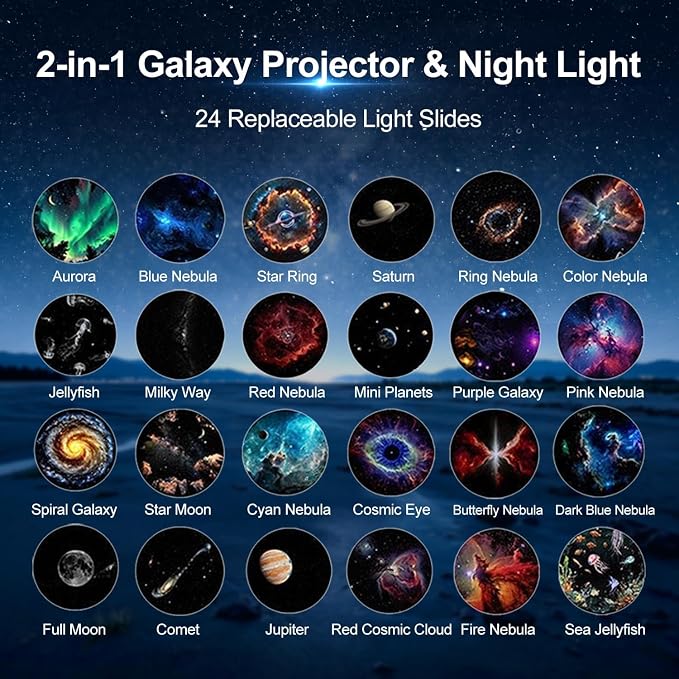 Galaxy Projector Night Light, 2-in-1 USB Star Lamp Kids Gift for Bedroom | Adjustable Brightness, Car & Room Wall Ceiling Decor - 24 Films