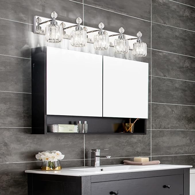 PRESDE Crystal 5-Light Vanity Light for Bathroom，Chrom Modern Bathroom Lights Fixtures Over Mirror