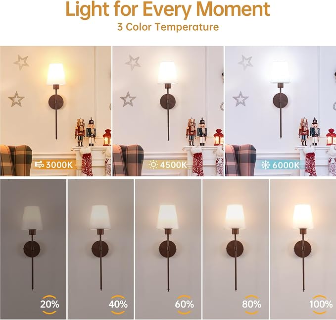 Shenmoyl Battery Operated Wall Sconces Set of 2, Walnut Finish Wall Lamp 6000 mAh Rechargeable Bulb with 12 RGB Colors Dimmable Wall Sconce for Living Room Bedroom
