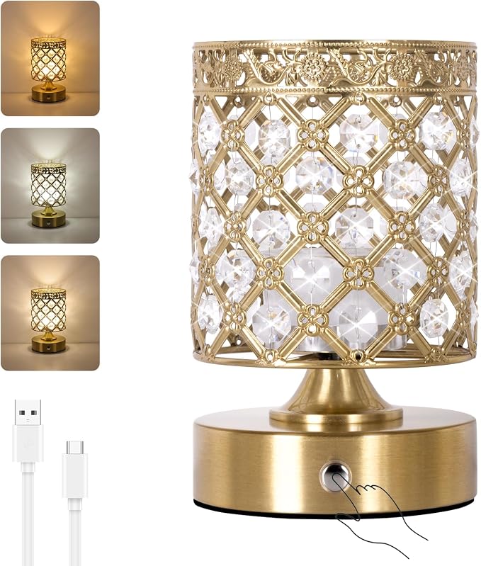 Gold Crystal Rechargeable Cordless Table Lamp, Touch Small Desk Lamp | 6000mAh Battery, 3 Color Temps, Stepless Dimming, USB Charging, Portable Wireless Night Light for Bar Bedroom Living Room