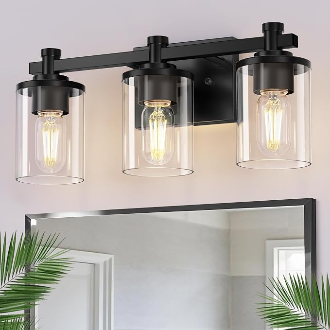 Bathroom Light Fixture, Bathroom Vanity Light Over Mirror, 3-Lights | Vanity Lights for Bathroom, Modern Lighting Fixtures with Clear Glass Shade, Black Vanity Lights, ETL Listed, 17inch