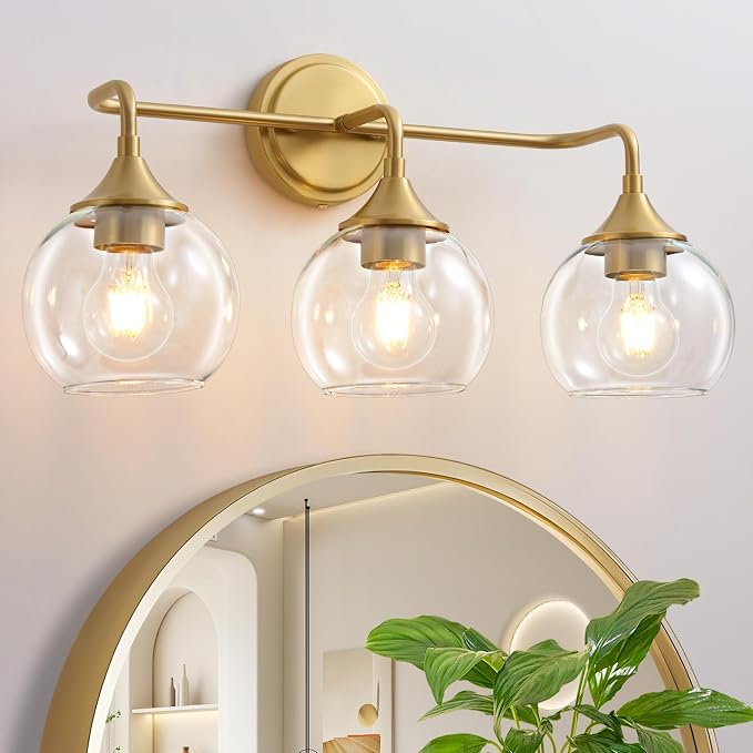 Gold Bathroom Light Fixtures 3-Light Farmhouse Vanity Light 22" | Modern Vanity Lighting Fixtures Over Mirror, Thickened Clear Glass Shade, UL E26 Dimmable