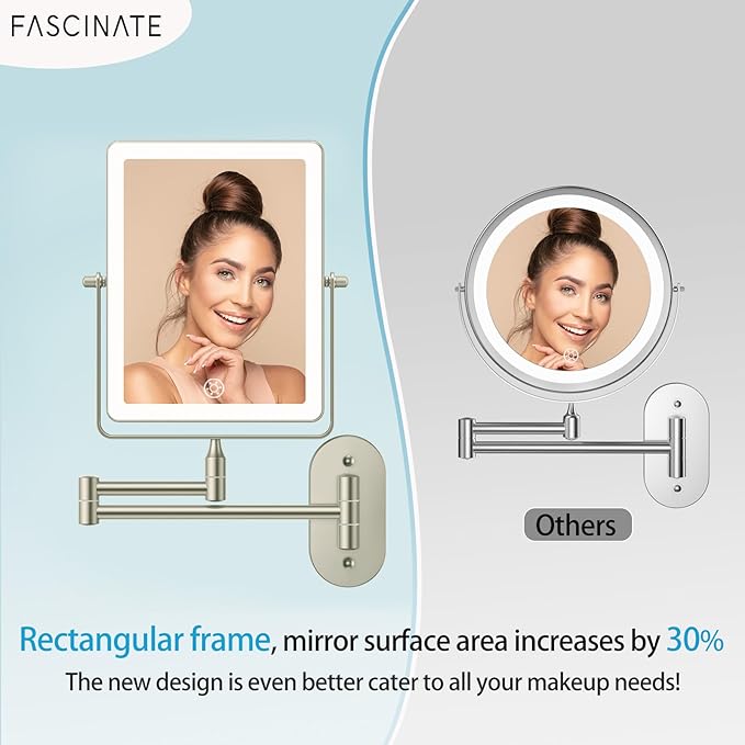 FASCINATE Rechargeable Wall Mounted Makeup Mirror with Lights, Bathroom Mirror Rectangle 8.7" Double Sided Touch Switch 1X 10X Magnifying Mirror with 3 Color Setting Extended Arm 360° Swivel Foldable