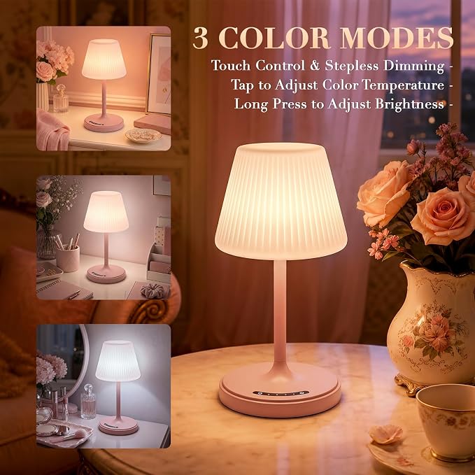 Waterproof Shower Lamp, 4000mAh Cordless Table Lamp, 3-Color Dimmable -Pink | touch dimmable, weighted base, bathroom shower light, patio dinner, RV camping, charge your phones, memory night light
