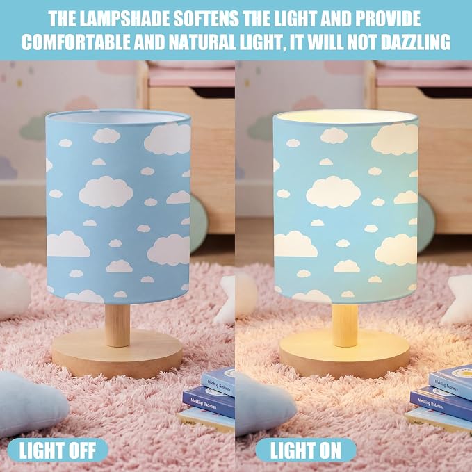 Cloud Kids Table Lamp for Bedroom Kids Bedside Lamp with Linen Wooden Nightstand Cartoon Nursery Lampshade for Girls Boys Living Room
